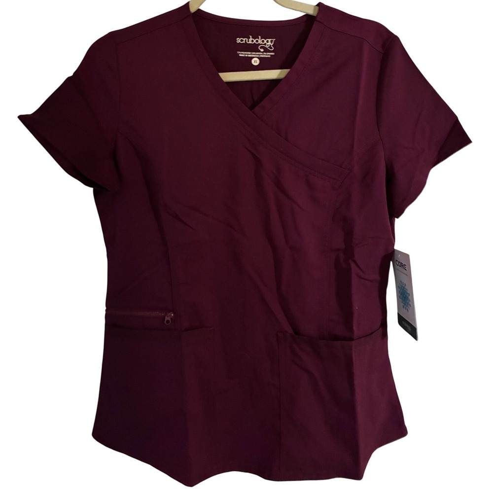 Scrubology Mock‎ Wrap Scrub Top Womens XS Wine Burgundy Core V-Neck PL642 NWT
